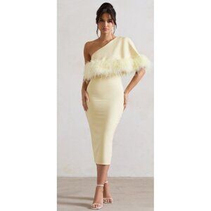 Club L London Victory | Lemon Asymmetric Midi Dress With Feather Trim Size US 8